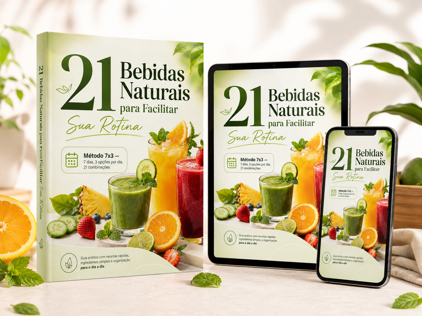 Guia 21 Bebidas Naturais em livro, tablet e celular